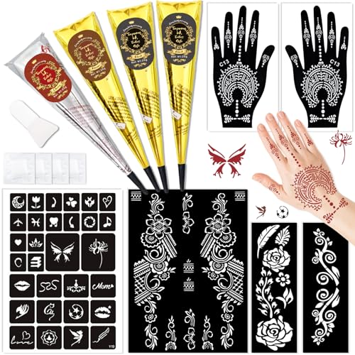 Temporary Stencils Tattoos Kit, 4 Pcs Tattoo Cones 3 Color (2 Black 1 Maroon 1 Cherry Red) with Gloves Brush Tool,DIY Body Art Skin Painting Designs for Women Men Kids Party Gifts
