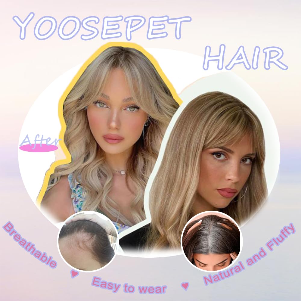YOOSDPET Hair Toppers for Women Real Human Hair， 360°3D Cover Topper for Women with Thinning Crown Wispy Clip in Bangs Realistic Scalp Line Hair Pieces (Dark Brown, Wispy Bangs)