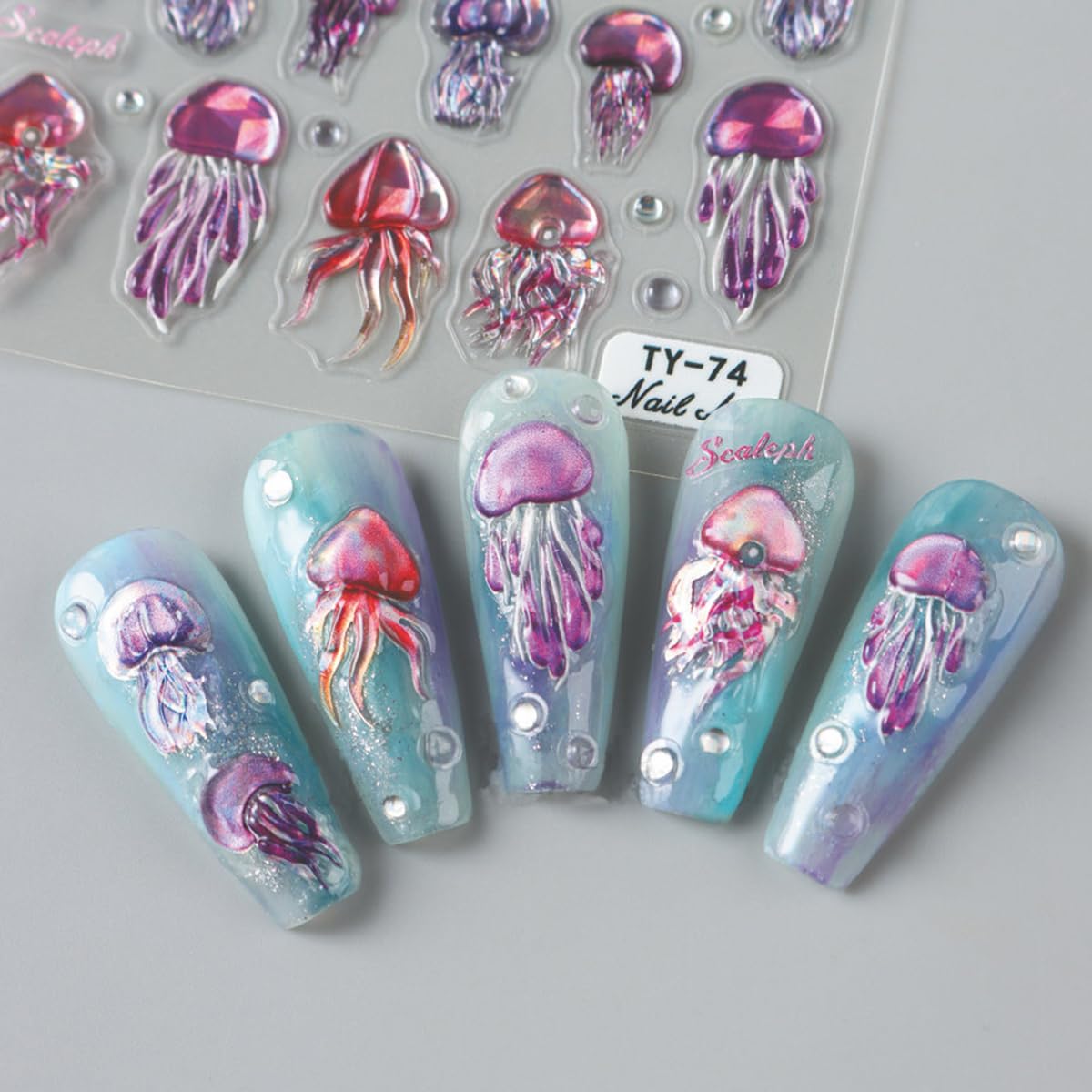 Summer Jellyfish Nail Art Stickers 5D Embossed Jellyfish Nail Decals 1PCS Purple Marine Life Ocean Theme Summer Nails Design Adhesive Sticker Manicure Supply for Women DIY Nail Art Decorations