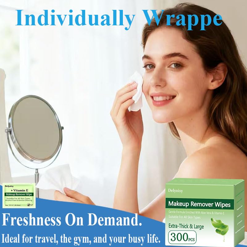 300 Count Makeup Remover Wipes Bulk with Individually Wrapped Travel Size - Gentle & Hypoallergenic