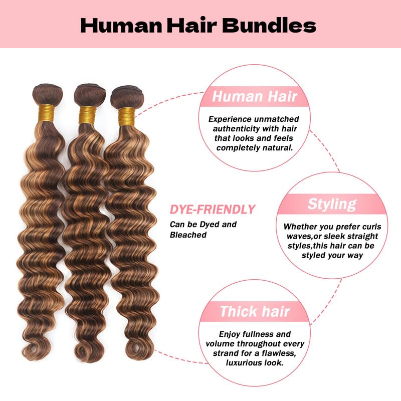 Brown Blonde Deep Wave Human Hair Bundles - 18, 20, 22 Inch - P4/27 Color D - Natural Brazilian Hair Extensions
