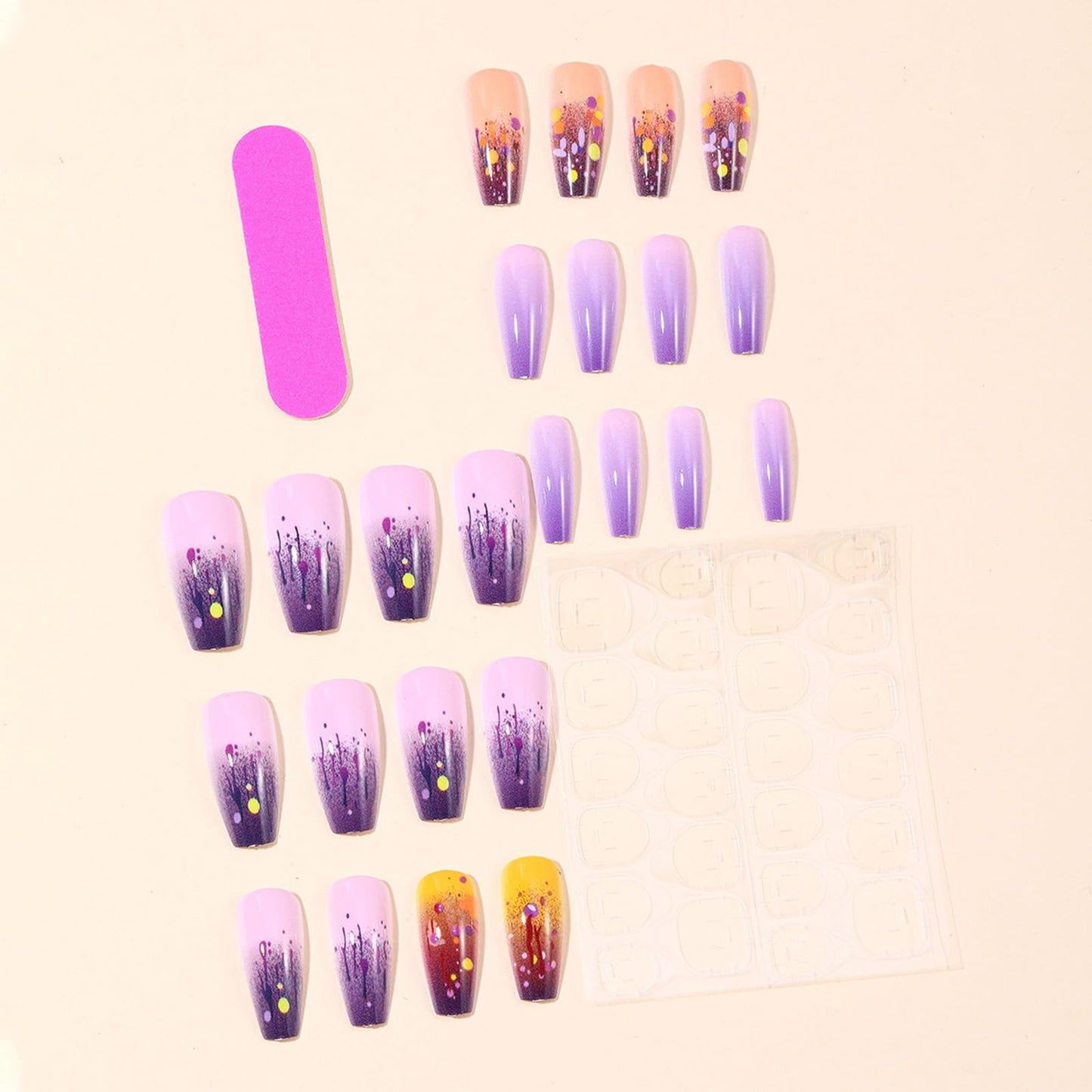Graffiti Press on Nails French Tip Acrylic Full Cover Fake Nails 24Pcs Glossy Purple Gradient Medium Coffin False Nail Painted Stick on Nail Curve Line Gel Glue on Fingernails for Holiday Manicure Art