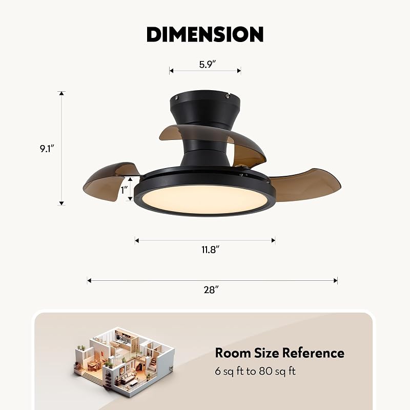 28 In Retractable Ceiling Fan with Light, Dimmable 6-Speed, Remote Control, Black & Brown Blades