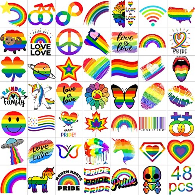 48 PCS Gay Pride Tattoos, Rainbow Temporary Tattoos For Women Men Adults, Temp Bulk LGBTQ LGBT Pride Face Tattoos Accessories, Rainbow Face Stickers, Pride Equality Parade Festival Party Celebrations