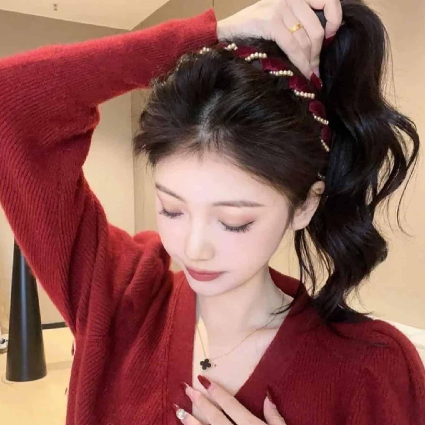 Vintage High Cranium Artificial Pearl Hairband, Bridal Hair Hoops Rhinestones Hair Accessories, Hairs Bands with Teeth Hoop, Fashion Wide Beaded Bling Head Band, Knotted Headband for Women Girls(Red)