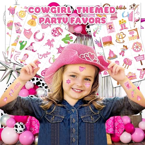 96 PCS Disco Western Cowgirl Pre-Cut Temporary Tattoos for Kids | Super Cute Themed Birthday Party Favors, Supplies, Decorations, Pink Fake Tattoo Stickers (multiple)
