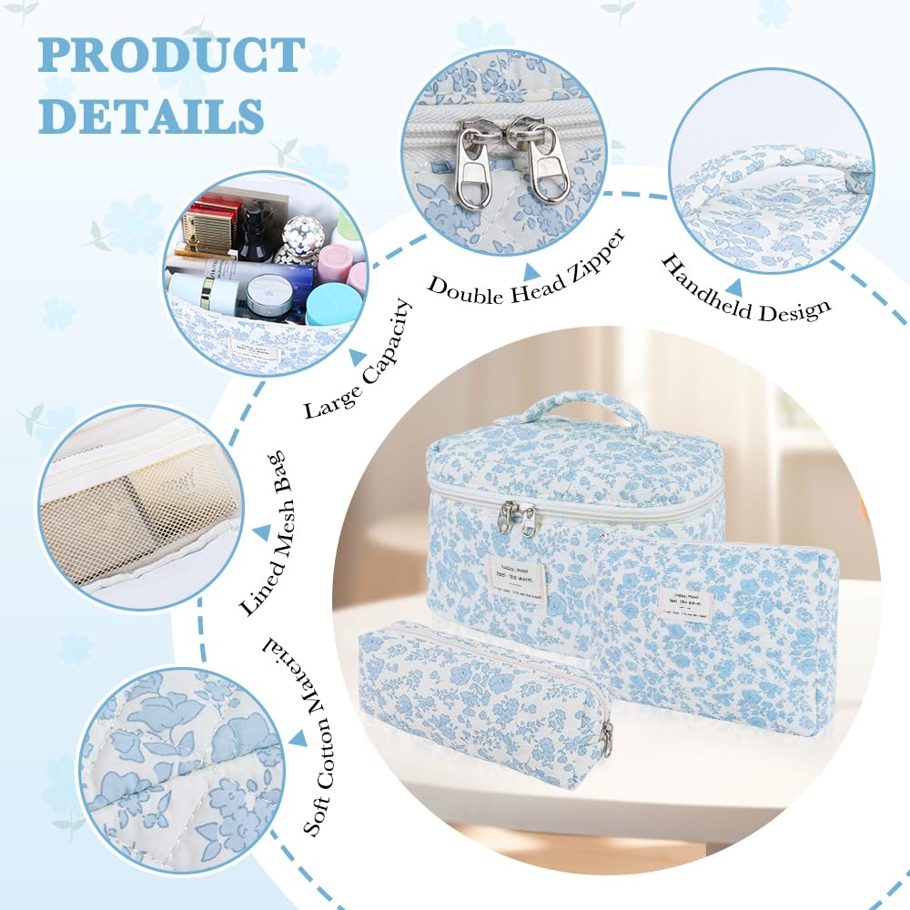 3Pcs Cotton Quilted Makeup Bag Set,Large Floral Cosmetic Bag，Aesthetic Toiletry Travel Makeup Bag Set and Cute Flower Bag for Women Girls (Blue White Flower)