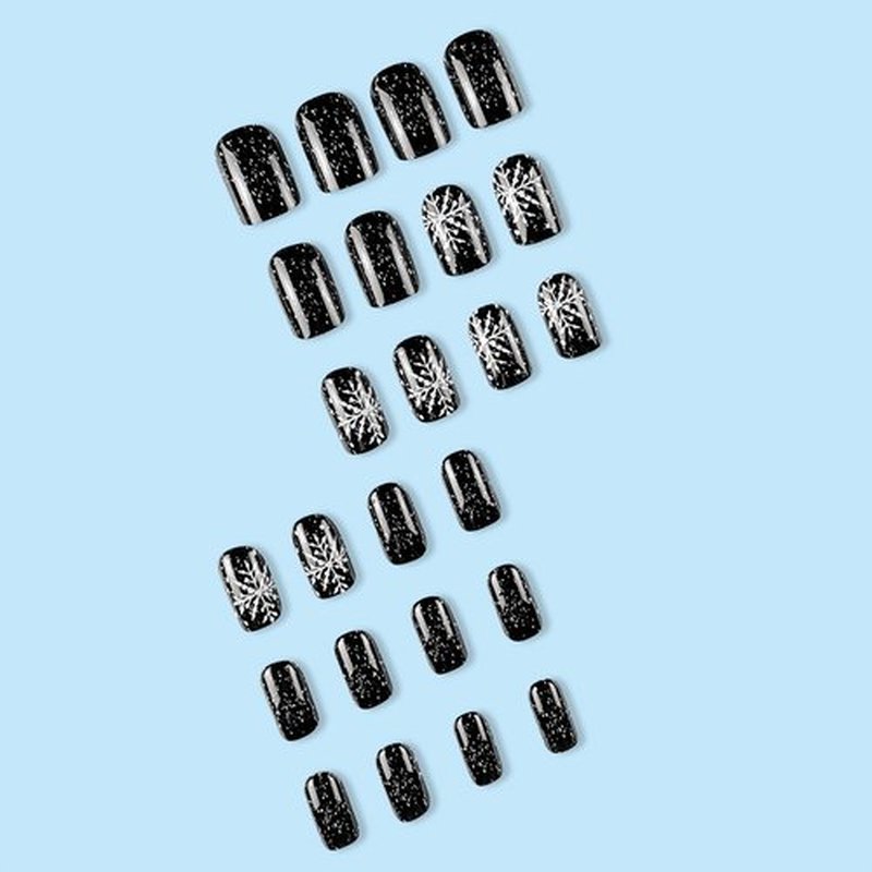 Christmas Black Press on Nails Short Square Fake Nails with White Snowflake Starry Night Designs Glossy Coffin False Nails Cute Glue on Nails Holiday Artificial Stick on Nails for Women Girls 24Pcs