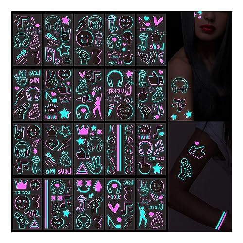 20-Sheets glow in the dark tattoos,temporary tattoos160+ Styles Adult Fluorescent UV Neon body glitter & Face Waterproof fake tattoo Stickers for Men & Women - Ideal for Rave, Festival Party Supplies