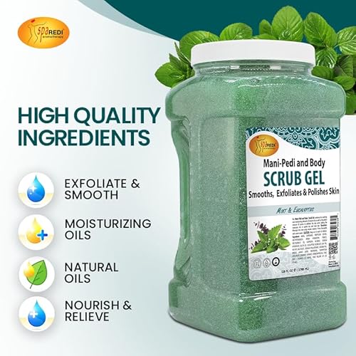 SPA REDI - Exfoliating Scrub Pumice Gel, Mint and Eucalyptus, 128 Oz - Manicure, Pedicure and Body Exfoliator Infused with Hyaluronic Acid, Amino Acids, Panthenol and Comfrey Extract