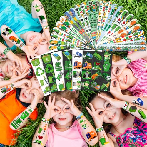 96 PCS Garbage Truck Party Favors Set ? 72 Pre-Cut Temporary Tattoos & 24 Slap Bracelets for Kids, Sanitation Truck Birthday Supplies, Recycle-Themed Classroom Rewards