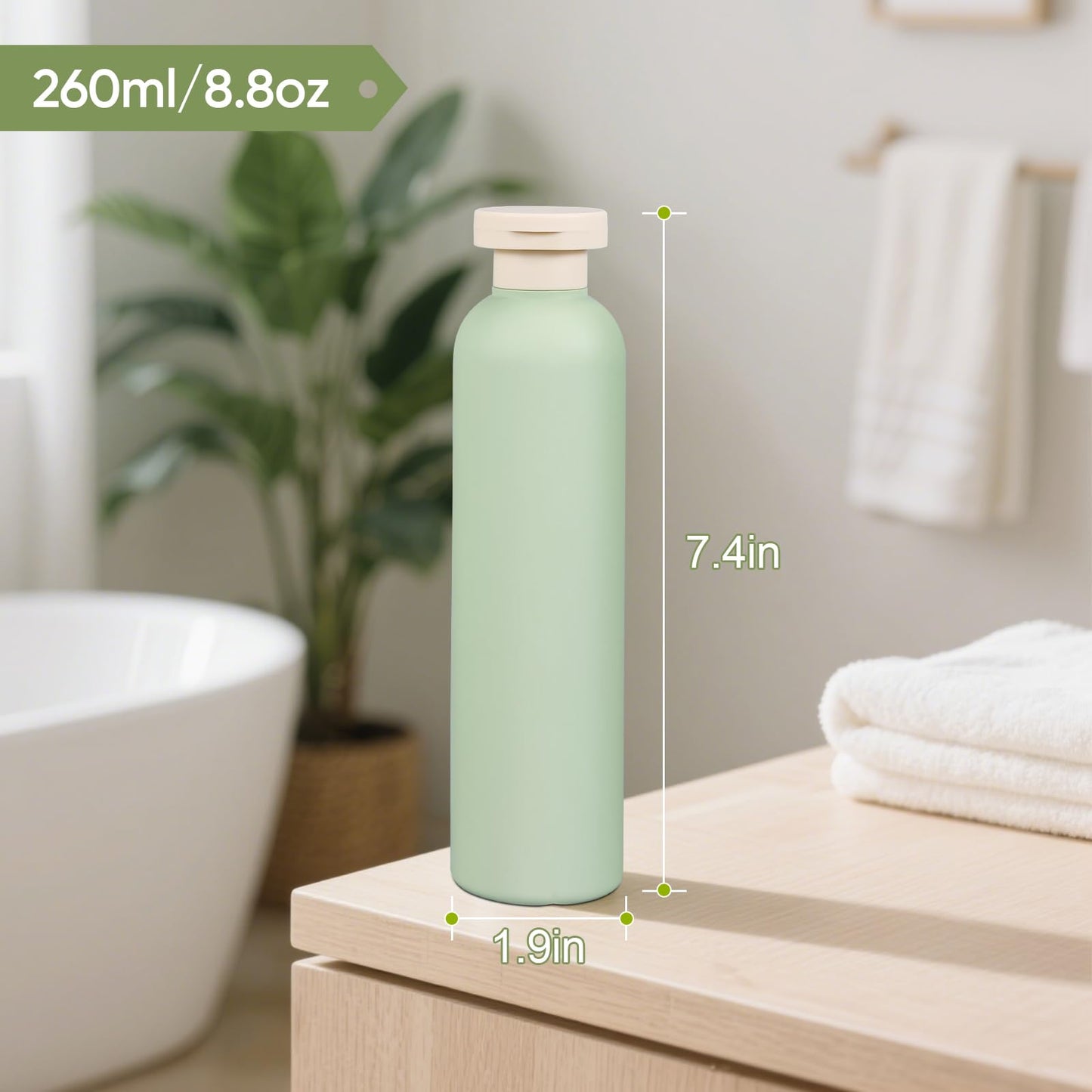 DEMORA 8.8oz Large Travel Bottles for Toiletries, Leak Proof Plastic Travel Squeeze Bottles Refillable Toiletry Containers with Flip Caps and Labels for Shampoo Conditioner Body Wash (Green, 4 Pcs)