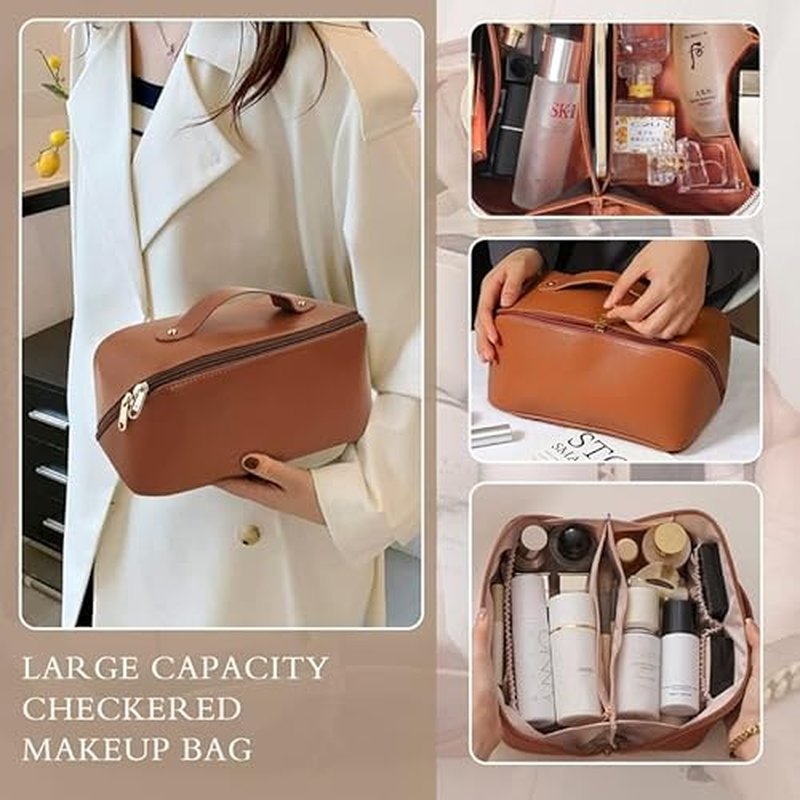 Large Capacity Waterproof Travel Cosmetic Bag - PU Leather - Brown Light