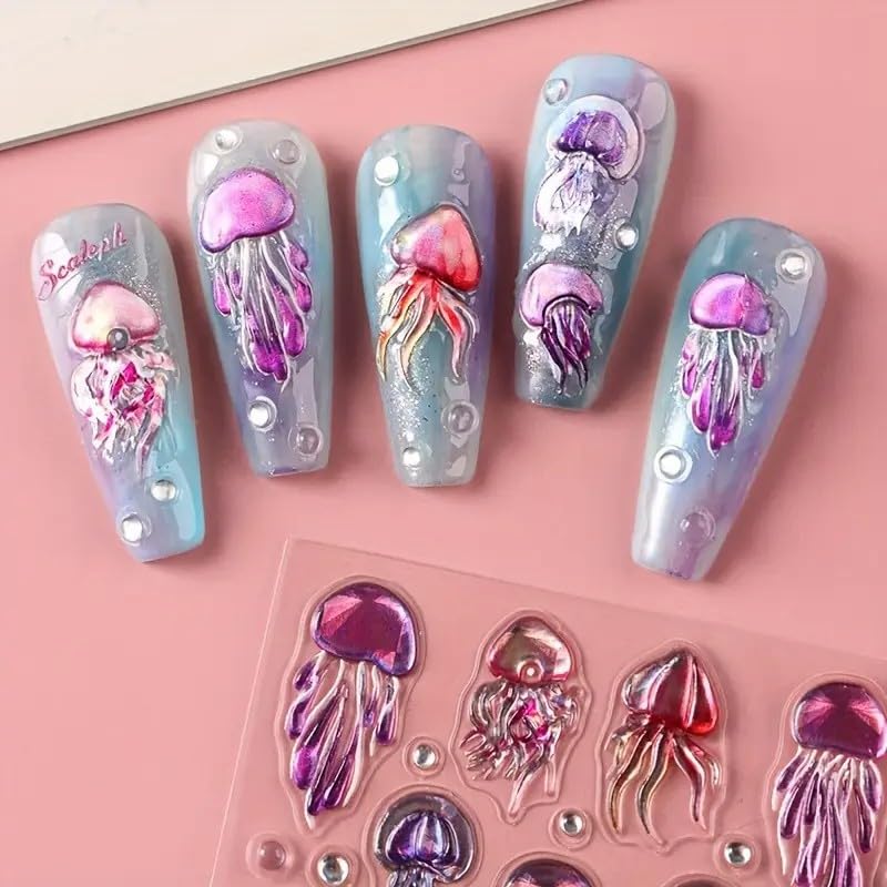 Summer Jellyfish Nail Art Stickers 5D Embossed Jellyfish Nail Decals 1PCS Purple Marine Life Ocean Theme Summer Nails Design Adhesive Sticker Manicure Supply for Women DIY Nail Art Decorations