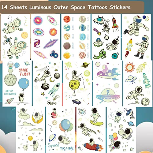 Luminous Outer Space Tattoos for Kids - 14 Sheets Glow in The Dark Astronaut Spaceship Planet Temporary Tattoos for Boys Girls Birthday Party Favors Goodie Bag Fillers