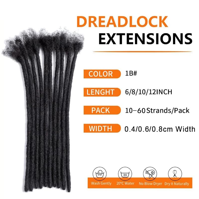 1B-0.4CM 8-Inch Dreadlock Extensions - 10 Strands Real Human Hair