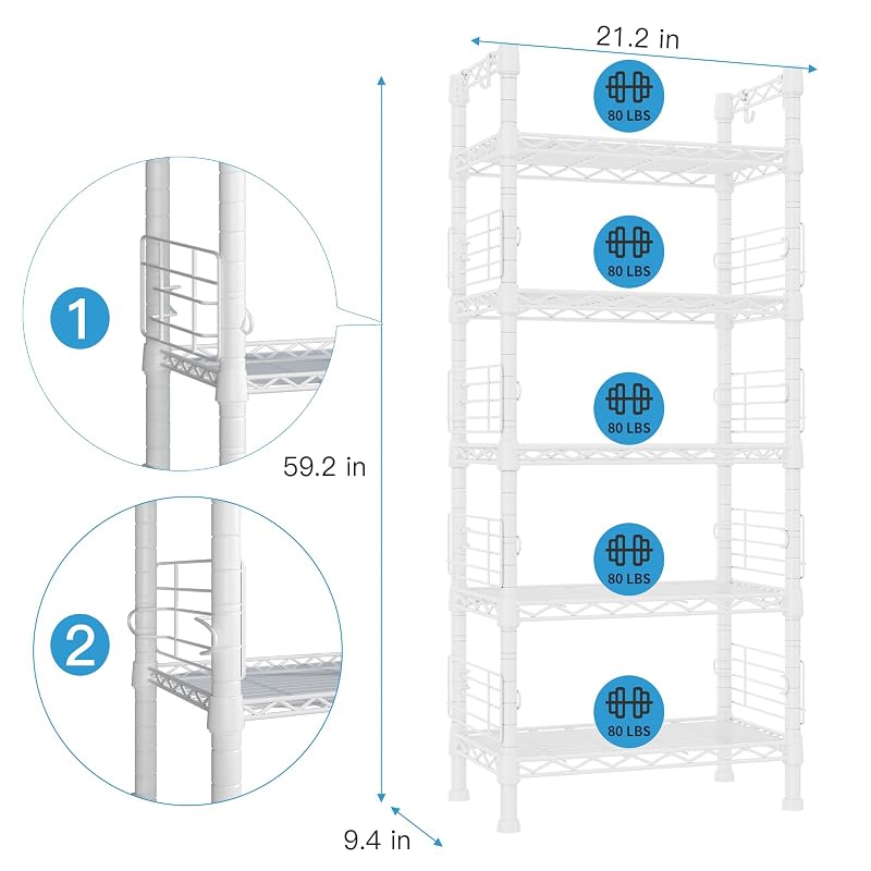 FUTASSI 5-Tier Metal Storage Rack, White 21.2 W x 9.4 D x 59.2 H, 400 lb Capacity