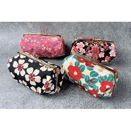Kiss Lock Small Makeup Bag for Purse [ Made in Japan] Traditional Edo Komon Design Cute Cosmetic Pouch (Cherry blossom (Black))