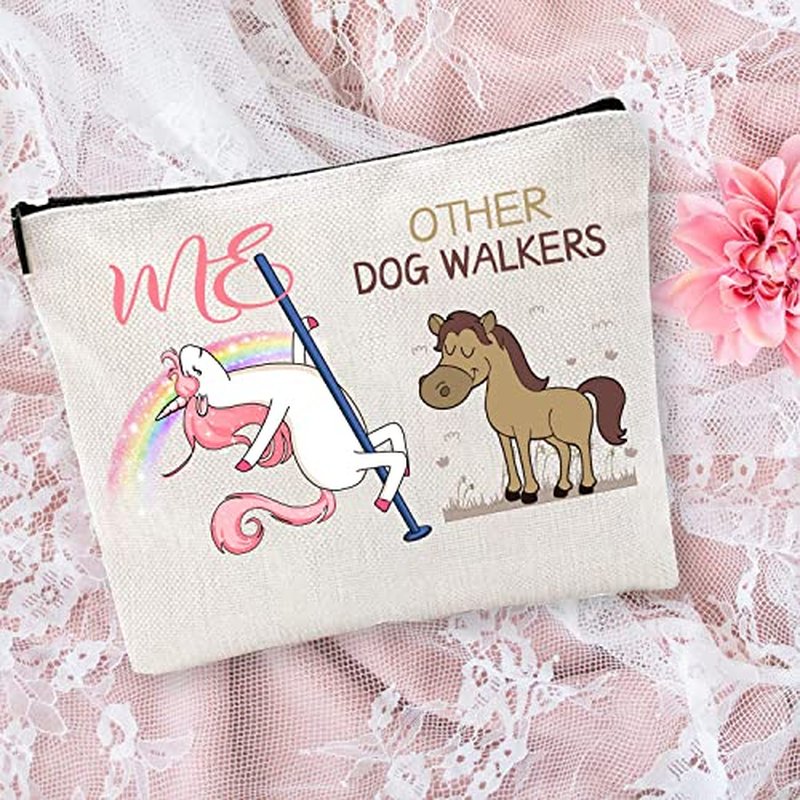 BoomBoomGifts Dog Walker Gifts for Women: White, Silver Animal Print Waterproof Linen Makeup Bag & Mirror