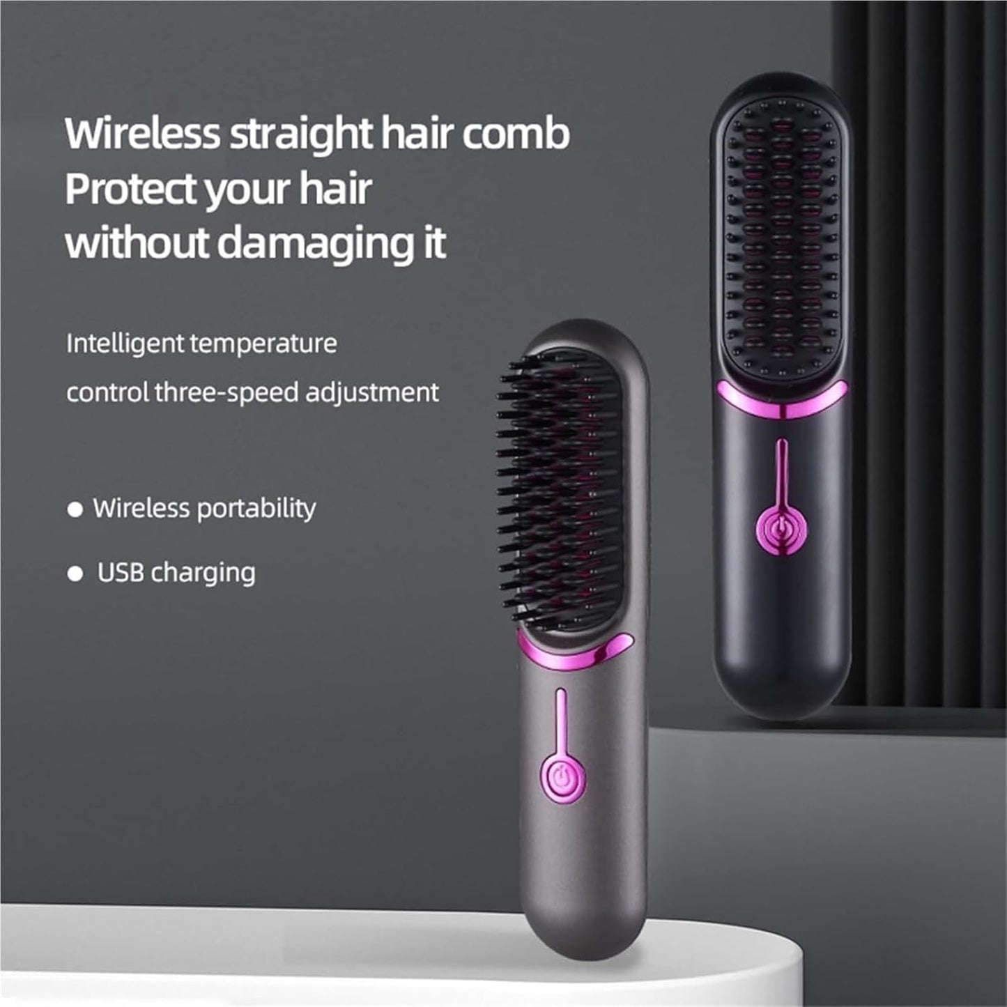 Healira Hair Straightener, Styluse Portable Hair Straightener Brush, 2-in-1 Straightener & Curler, 3 Adjustable Temperature, Rechargeable Wireless Comb, Style Your Hairs in Minutes (Black)