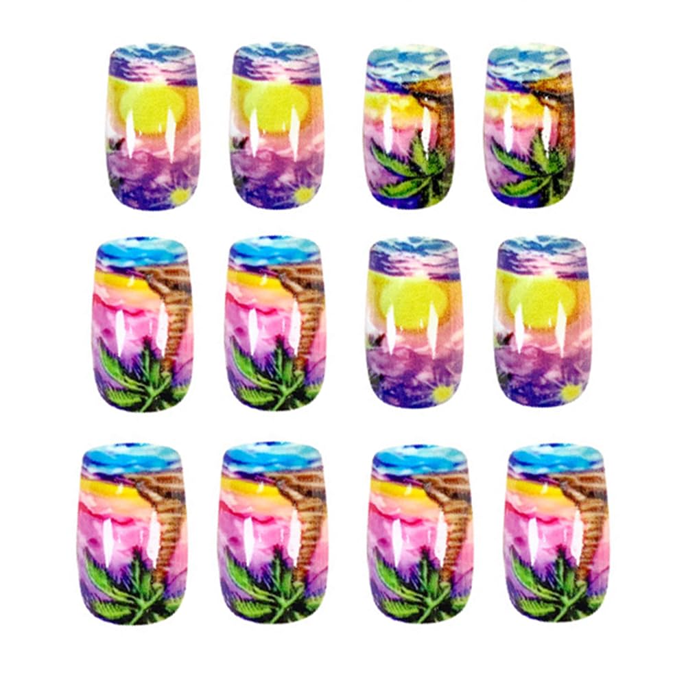 24 Pcs Summer Seaside Press on Nails Short Square,YIHONGYAN Fake Nails Press ons Colorful Sunset Coconut Tree Nail Tip Acrylic Set Glue on Nails Full Cover False Nails Glossy Stick on Nails for Women