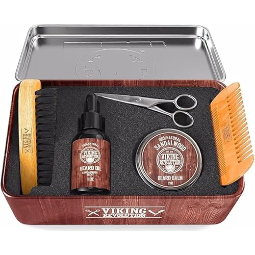 Viking Revolution Ultimate Grooming Kit for Men - Boar Brush, Wood Comb, Sandalwood Balm & Oil, Scissors for Beard & Mustache (Pack of 2)