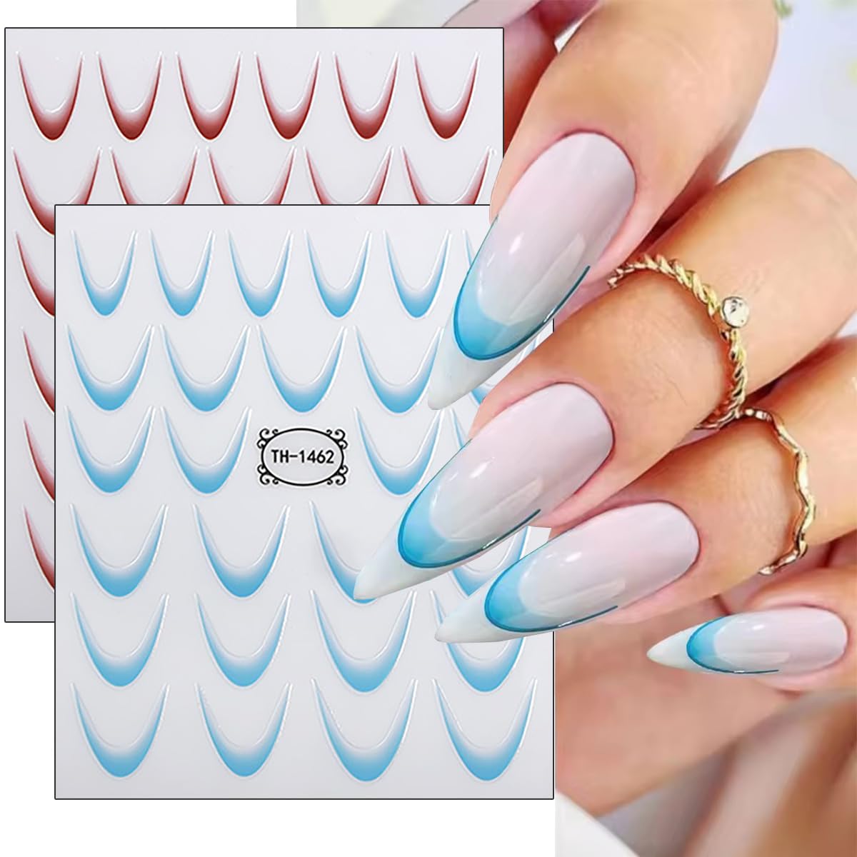 8 Sheets French Tip Nail Stickers 3D Self-Adhesive Frenchs Nail Art Stickers Colorful Curved Lines Design Nail Art Supplies Gradient French Tip Nail Decals for Women Girls Acrylic Manicure Kit DIY