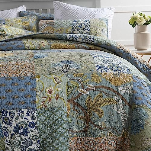 Reversible Cotton Bedspread Quilt Set with Shams - Rustic Patchwork, Queen Size, Sage Green, Floral / Branch Variation
