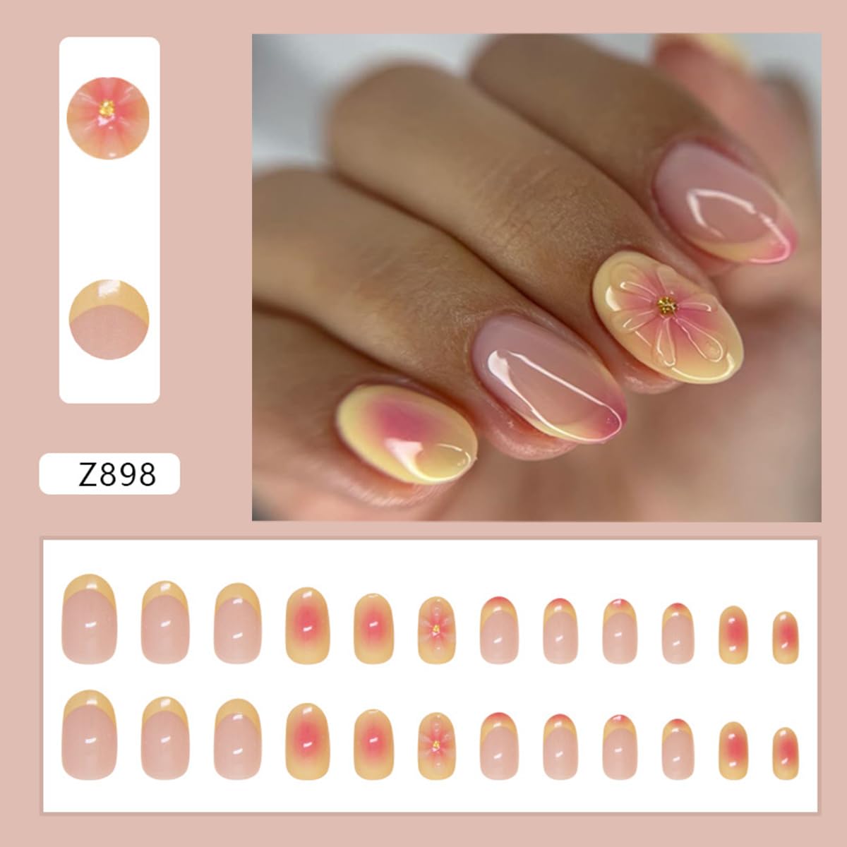 French Press on Nails Short Oval Fake Nails 3D Gelnail Flower Design Ombre Acrylic False Nails Kit Summer Glue on Nails Almond Press on Nails French Tip Nails Glossy Stick on Nails for Women 24PCS