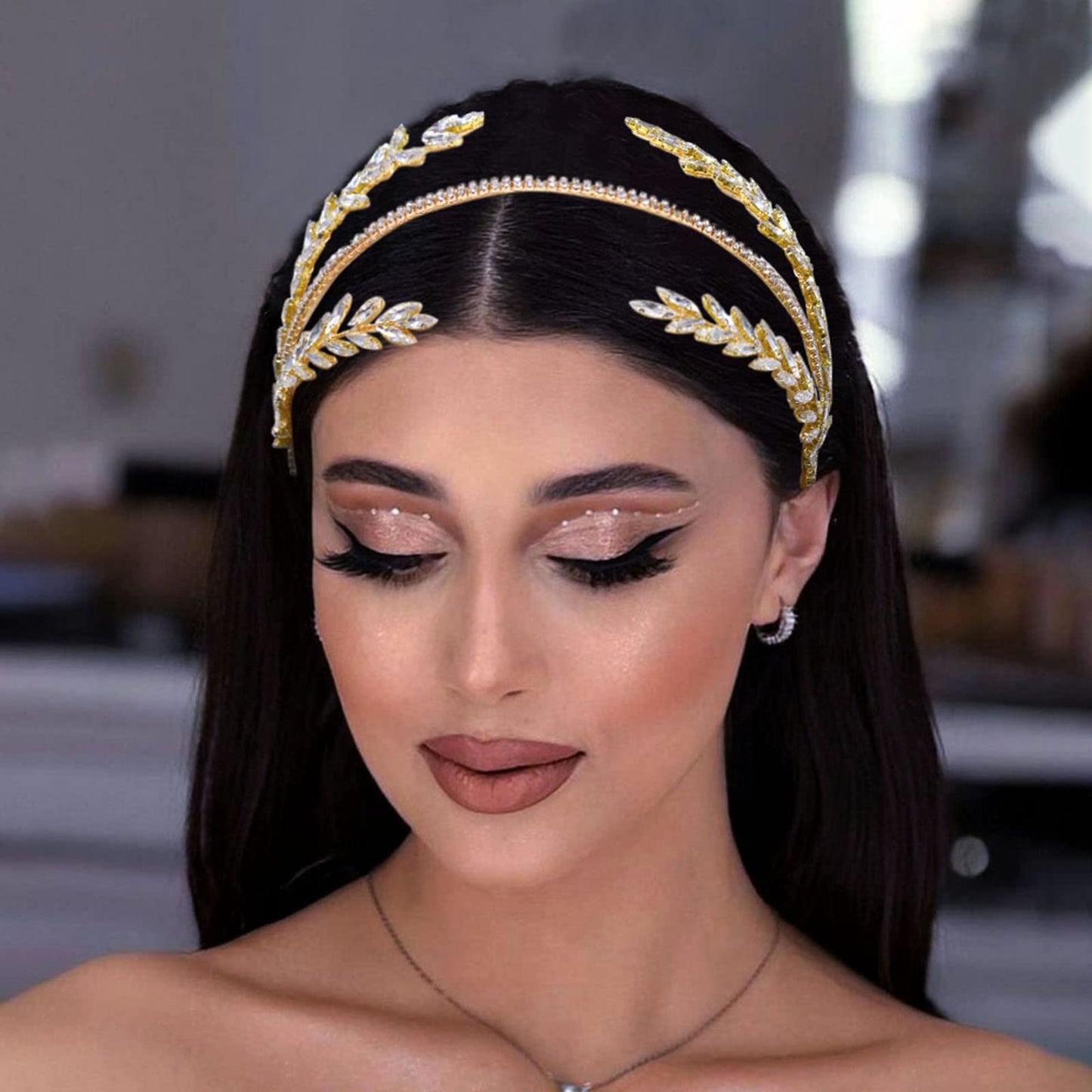 WONRLUA Rhinestone Bridal Headband, Wedding Headpiece for Bride, Wedding Hair Accessories for Brides(Gold)