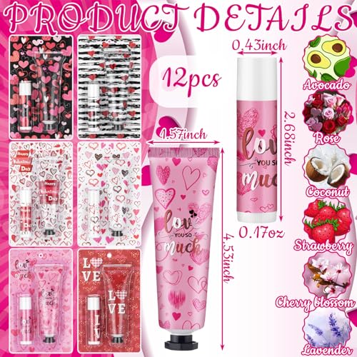 Loopeer 12 Sets Valentine's Day Hand Cream Lip Balm Bulk Gifts Galentine's Day Gift Valentine Party Favor Love Heart Mini Travel Size Moisturizing Hand Lotion for Women Coworker Teacher Nurse, 30 ml