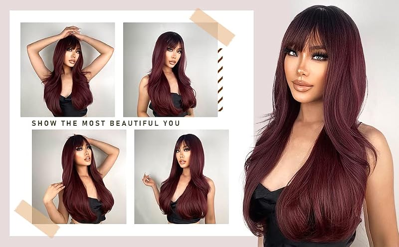 Wine Red Ombre Wigs with Bangs for Women Long Layered Synthetic Heat-Resistant Hairpiece - Burgundy