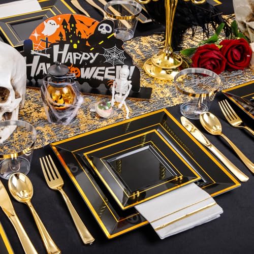 Black and Gold Disposable Plastic Plate Set for 50 Guests - Square Dinnerware with Cups, Cutlery, Napkins - Perfect for Weddings & Halloween 50 Guests