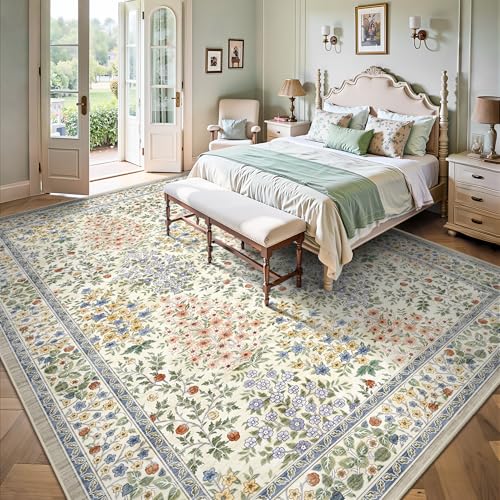 Beige Floral 8x10 Area Rug - Machine Washable Low Pile Boho Rug with Non-Slip Backing