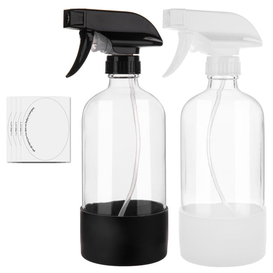 hmaimas Glass Spray Bottles for Cleaning Solutions, 16oz Reusable Clear Empty Mist Spray Bottle with Silicone Sleeve for Hair, Plants and Essential oils 2 Pack