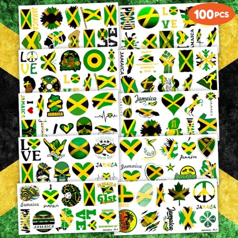100 PCS Jamaica Flag Temporary Tattoos Themed Birthday Party Decorations Supplies Favors Decor Yellow Green Jamaican Palm Tree Tattoo Stickers Gifts For Game Kids Boys Girls Classroom School Prizes