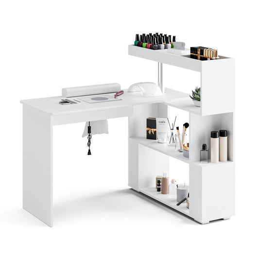 HolaiNail Manicure Table, L-Shaped Nail Tech Desk with Dust Collector, Reversible Rotating Table & Storage Shelf, Acetone Resistant Beauty Salon Station, White