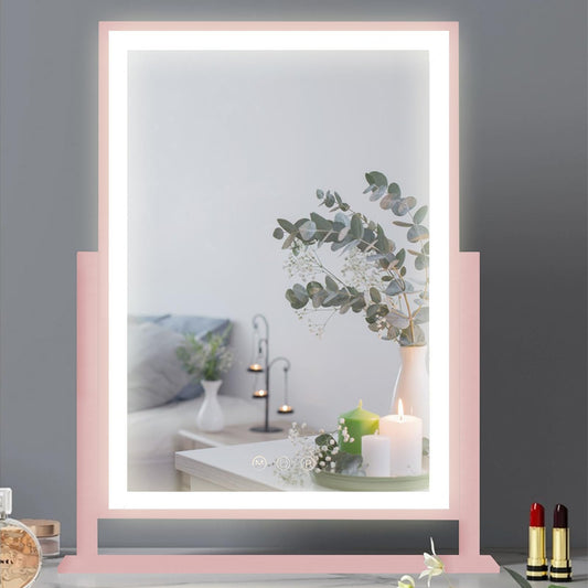 KPIONT Hollywood Vanity Mirror with Lights, 360 Rotation LED Lighted Makeup Mirror, 3 Color Lighting Modes, Portable Tabletop Mirror for Bedroom, Pink