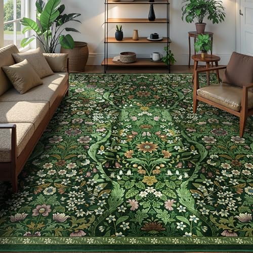 Dark Green 8x10 Floral Botanical Area Rug for Living Room - Boho Carpet