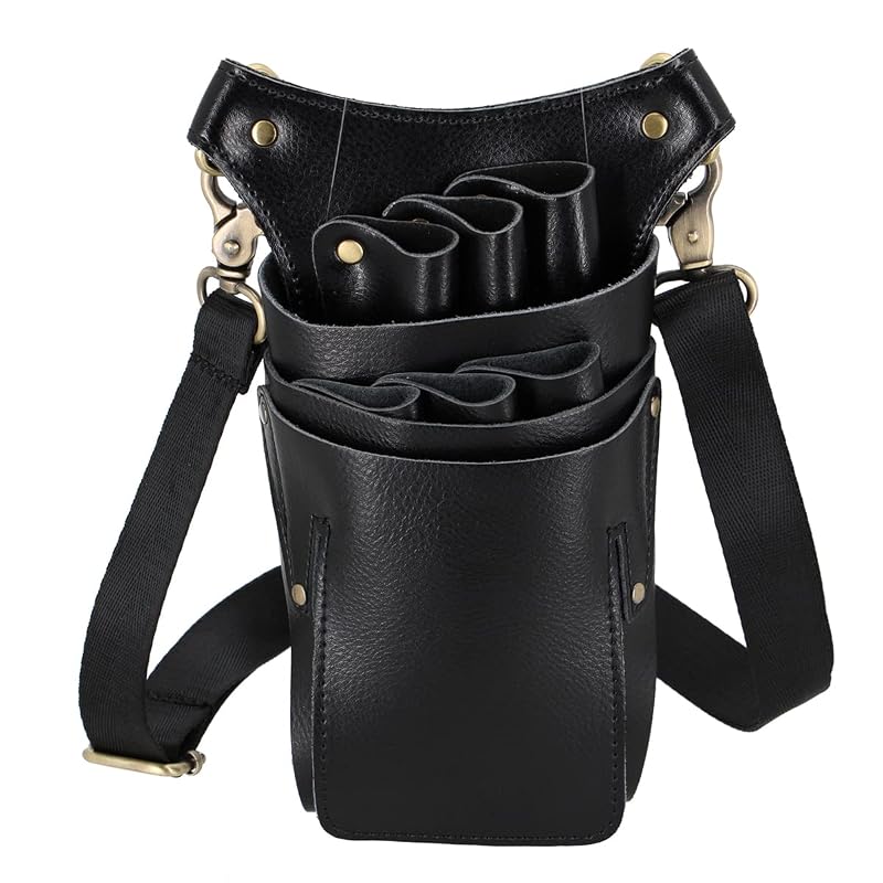 Leather Scissor Bag Holster for Barbers – 6 Scissor Holders & Large Tool Pocket