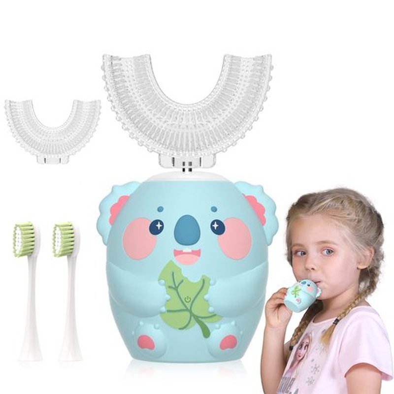 ELOTAME Cartoon Kids U Shaped Electric Toothbrush with 4 Brush Heads,Full Mouth 360-Degree Cleaning Sonic Automatic Toothbrush with IPX7 Waterproof (8-15 Age Blue Koala Without Cup)