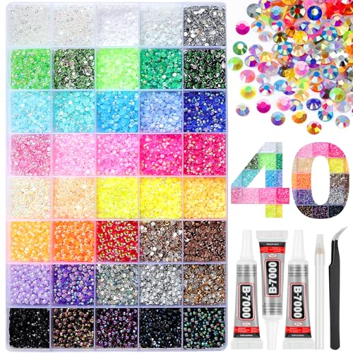 30000Pcs Resin Rhinestones for Bedazzling Kit, 2 Boxes Multicolor 3mm&4mm Bedazzled Crystal, Flatback Gems with 3Pcs 10ml B7000 Jewelry Glue for DIY Crafts Clothing Nail Art Makeup
