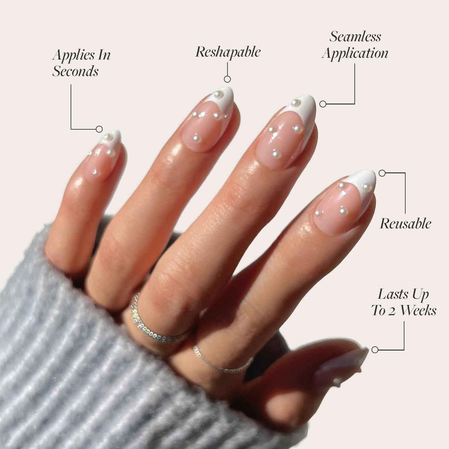 Glamnetic Press On Nails - French Pearl | Glossy, Short Almond French Tip Nails with 3D Accents, Salon Quality | 15 Sizes - 30 Nail Kit with Glue