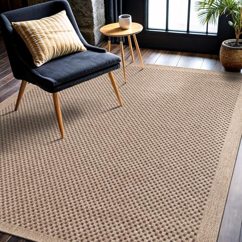 Indoor Outdoor 5x7 Checkered Jute Look Rug - Natural Fiber Area Rug for Living Room & Patio