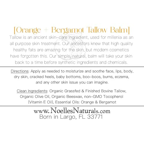 Tallow Balm - 100% Organic Grassfed Tallow - 3.5oz - Orange + Bergamot - Moisturizing - Dry Skin - Stretch Marks - All Natural