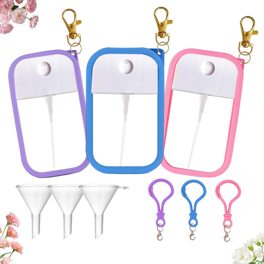 Silicone Case for Hand Sanitizer Spray 2025 Upgrade,Protective Case with Keychain,Non-Slip Grip,with Dust Cover& 50ml Portable Spray bottle&funnel (purple+blue+pink)
