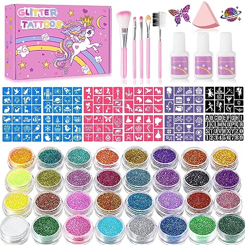 Temporary Glitter Tattoos Kit for Kids, 32 Colors, 165 Stencils, 3 Glue, 5 Brushes, 1 Powder Puff, Adults & Kids Arts Make Up Kit, Holiday Gifts for Girls & Boys