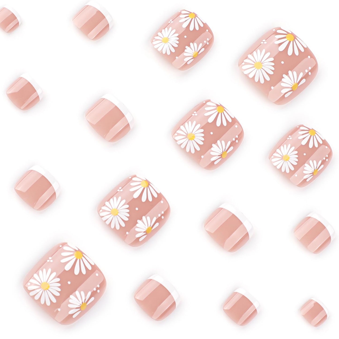 24Pcs White French Tip Press on Toenails Short Square Fake Toe Nails with Daisy Designs Spring Acrylic Nails Glue on Nails Summer Flower False Toenails Full Cover Stick on Nails for Women Nail Supply
