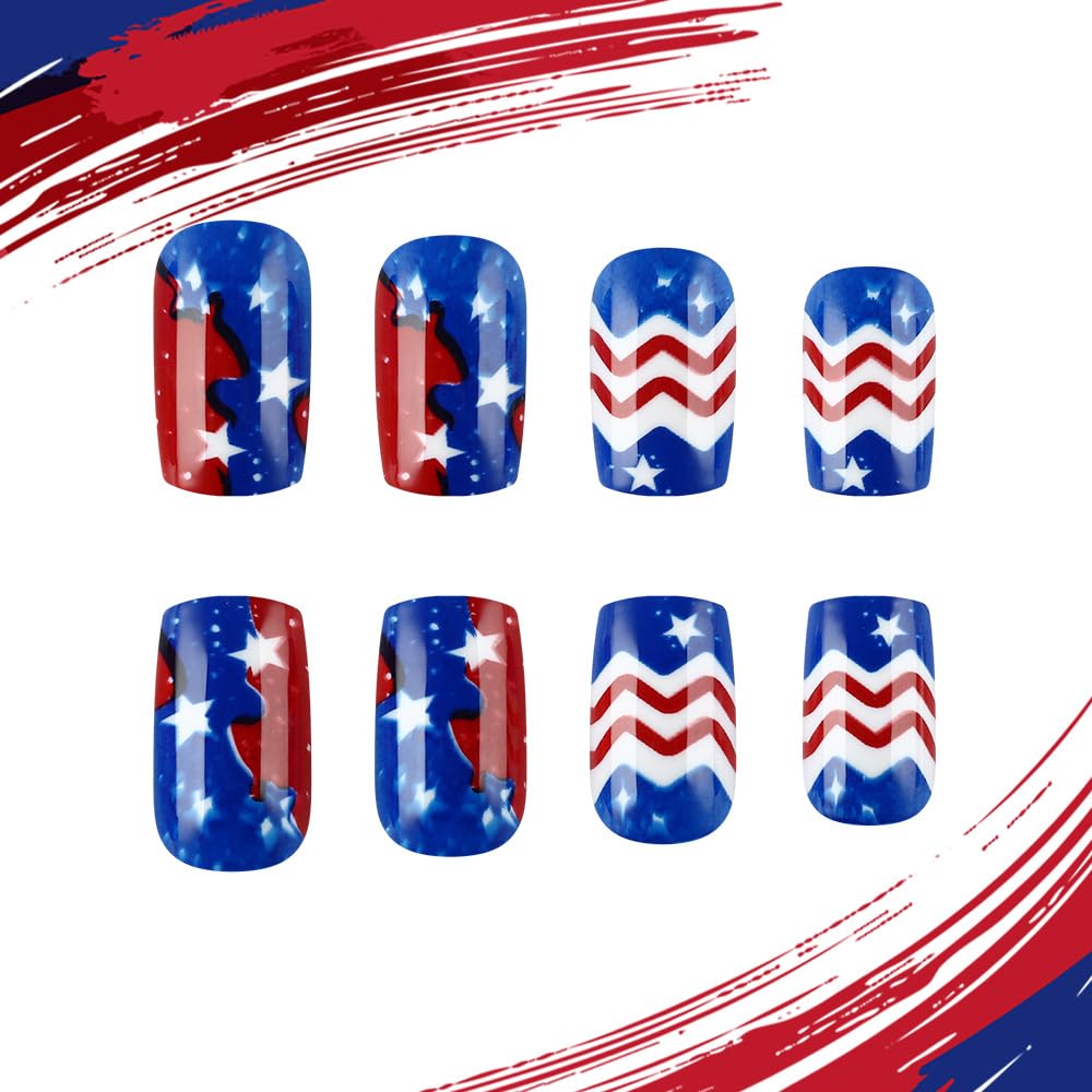 24 Pcs 4th of July Press On Nails Short Square,YEFIUO Blue Silver White Fake Nails Press ons Nail Art Tips Acrylic Nail Kit Glue on Nails Full Cover False Nails with Independence Day Design for Ma'am
