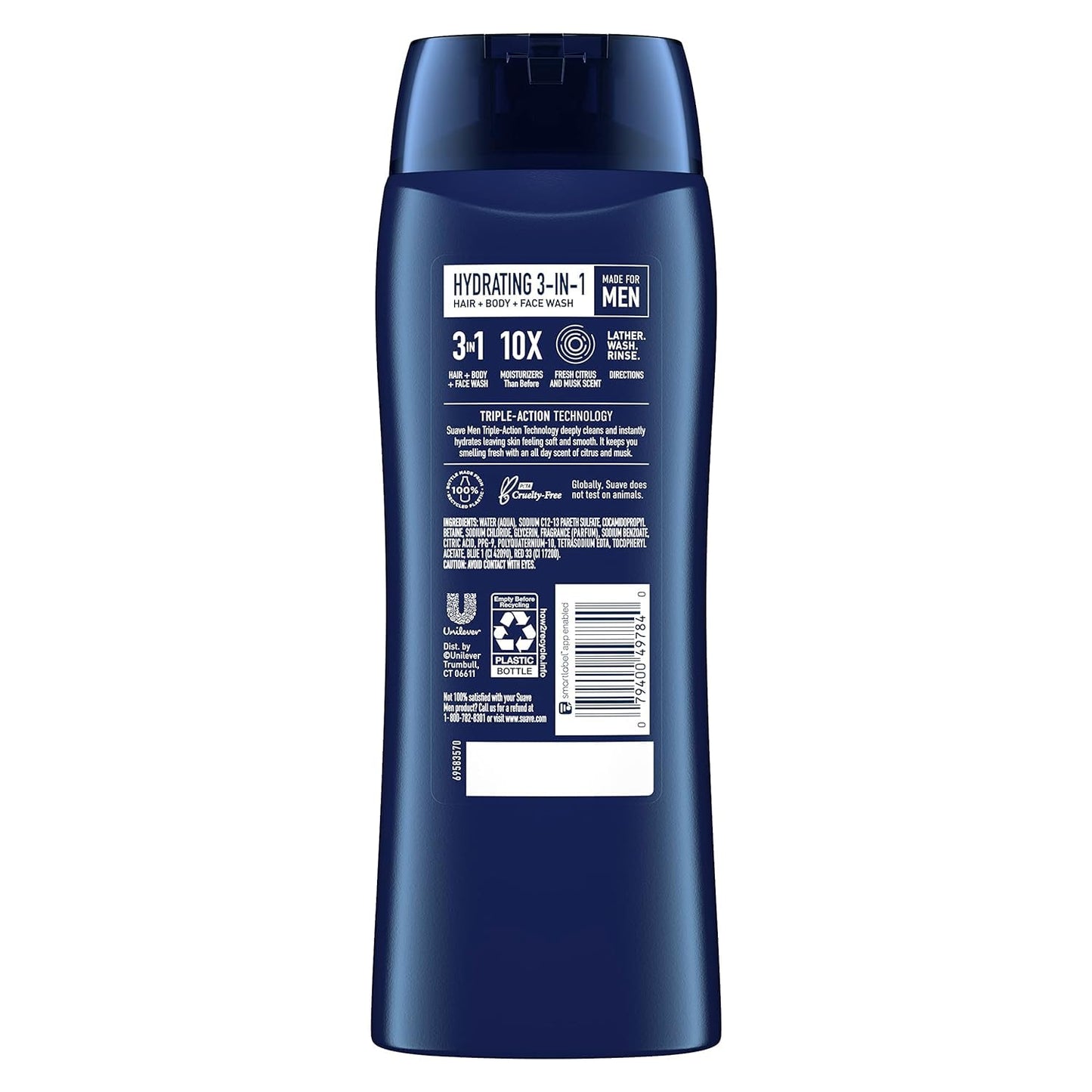 Suave Men Moisturizing Body, Face and Hair Wash, 3-in-1 For Hydrated Skin and Hair, Citrus & Musk scent, No Parabens, No Phtahaltes, 18 Oz Pack of 6